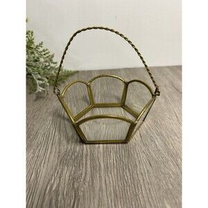 Vintage Brass Trim & Glass Basket Bowl With Handle 4.5”x2”